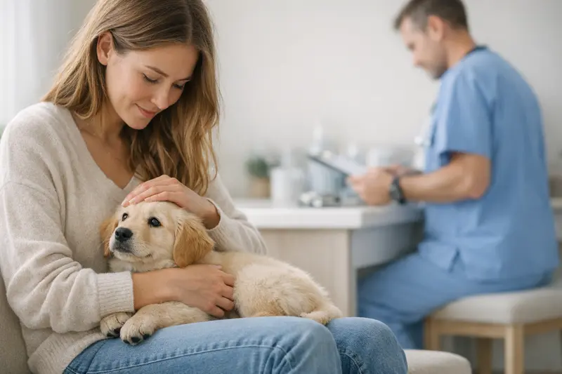 Welpe beim Besuch beim Tierarzt zur ersten Gesundheitsprüfung.