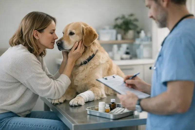 Tierarztbesuch und OP-Tarife für Hunde Hundehalter bei einem Tierarztbesuch, besorgt wegen der OP-Tarife