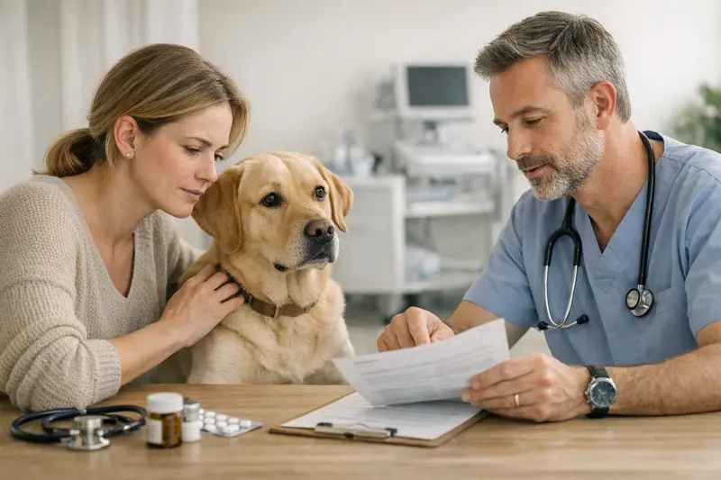 Tierarztbesuch mit einem Hund zur Klärung, ob ein OP-Tarif auch normale Behandlungen abdeckt.