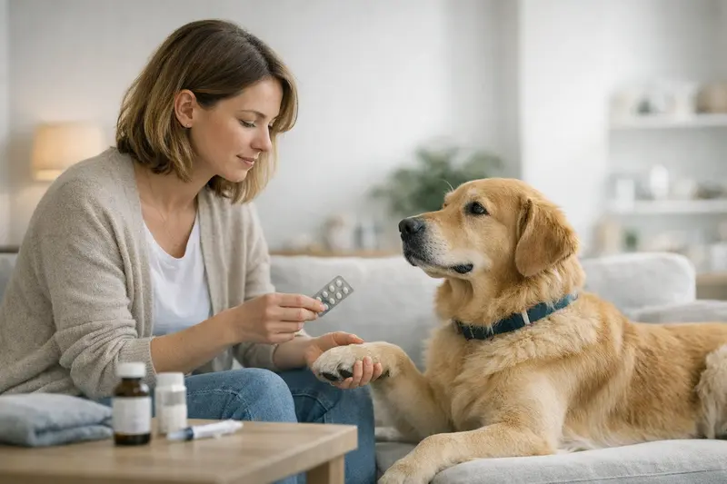 Tierarztbesuch Hund Vorsorgeleistungen Ein Hund sitzt entspannt in einer Tierarztpraxis zur Routineuntersuchung.