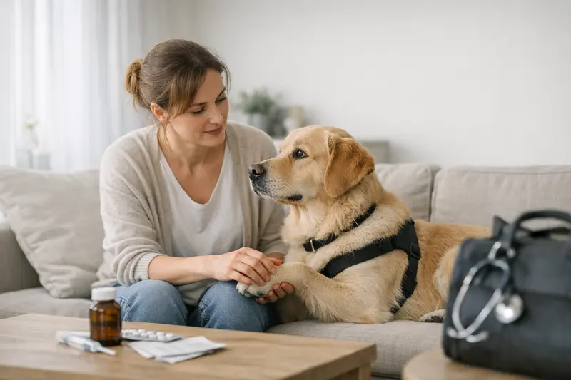 Vorsorgeleistungen bei Tierarztbesuch Hund beim Tierarzt mit Besitzer, der über Vorsorgeleistungen in der Versicherung spricht.