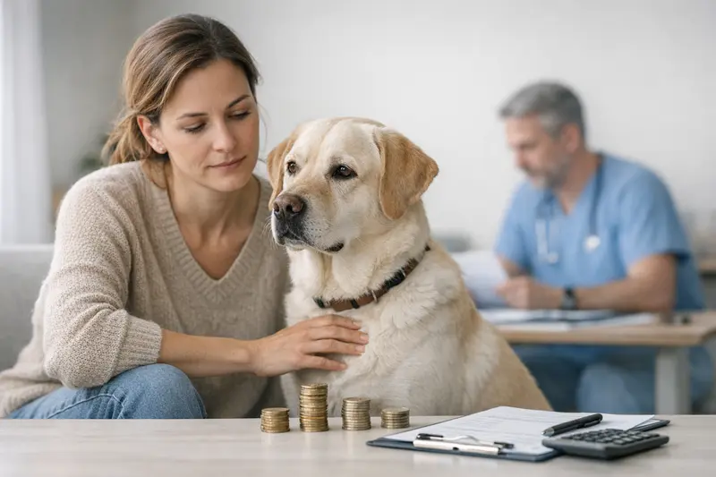 Hunde beim Tierarzt und Versicherungskosten Ein Hund sitzt beim Tierarzt, während sein Besitzer über Versicherungsoptionen nachdenkt.