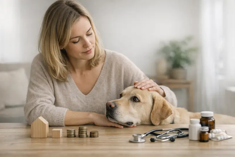 Hund bei der Tierarztuntersuchung Ein Hund sitzt vor einem Tierarzt und wird untersucht, während die Halterin besorgt zuschaut.