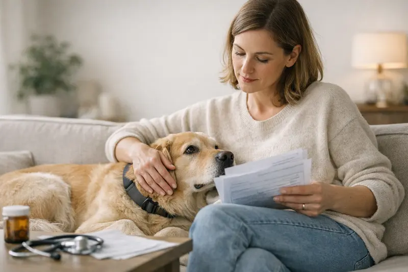 Hundeversicherung und Vorerkrankungen Ein Hundebesitzer bespricht Vorerkrankungen mit einem Tierarzt, um zu klären, was bei der Haustierversicherung wichtig ist.