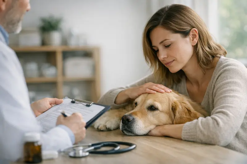 Hund beim Tierarzt zu Vorerkrankungen Ein Hund beim Tierarzt, der auf die Wichtigkeit von Vorerkrankungen hinweist.