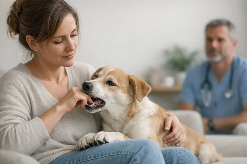 Ein Hund, der spielerisch mit einem Spielzeug knabbert, um seine Gesundheit zu fördern.