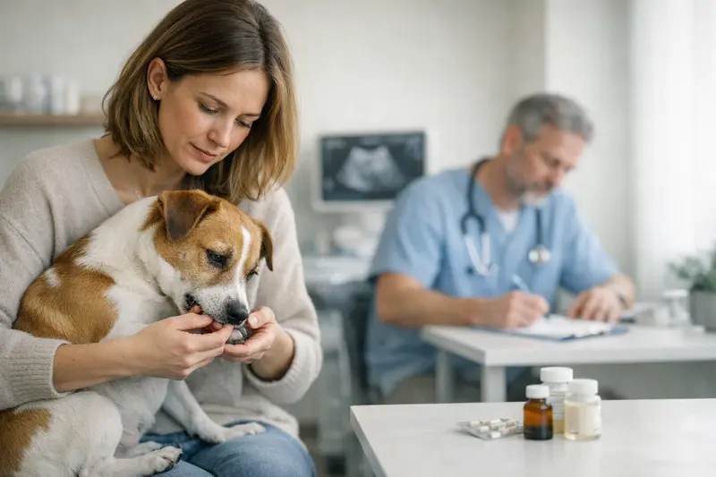 Hund beim Tierarzt für Gesundheitsuntersuchung wegen Verhaltensauffälligkeiten.