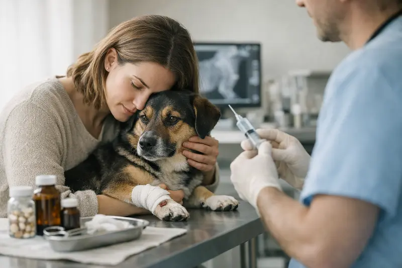 Hundehalter bespricht mögliche Tierarztkosten nach Bissverletzungen mit dem Tierarzt.