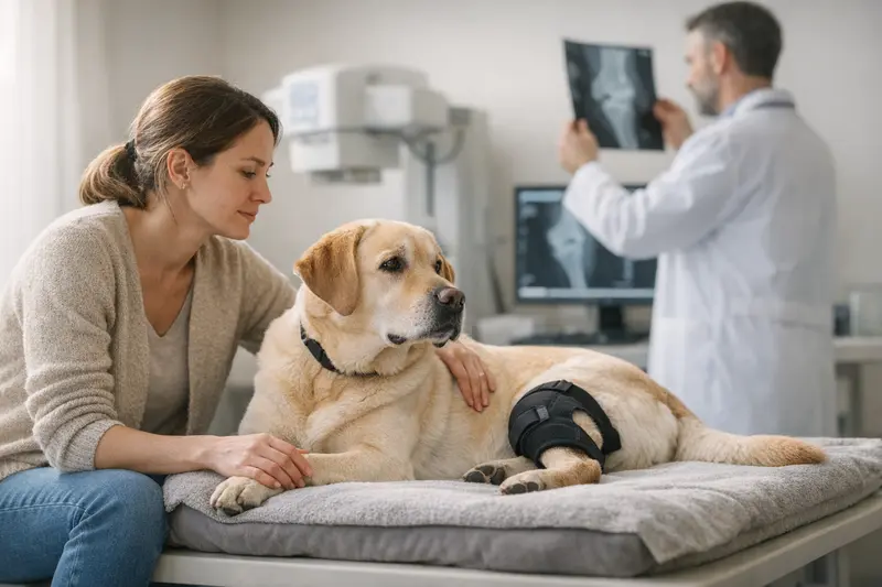 Tierarzt untersucht Hund auf Knieprobleme Ein Hund beim Tierarzt, der auf Röntgenbilder untersucht wird, während eine Tierärztin einen Behandlungsplan erstellt.