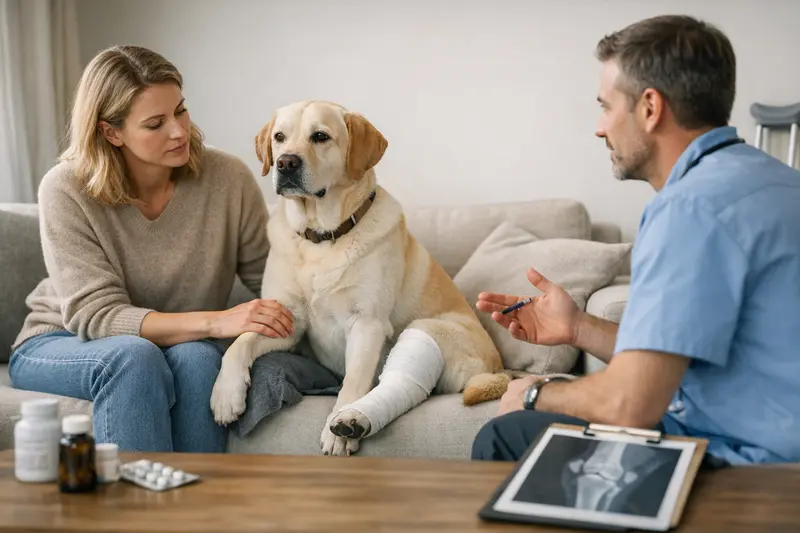 Hund mit Knieverletzung und Verband Ein Hund mit einem Verband am Bein, der zur Behandlung von Knieproblemen dient.