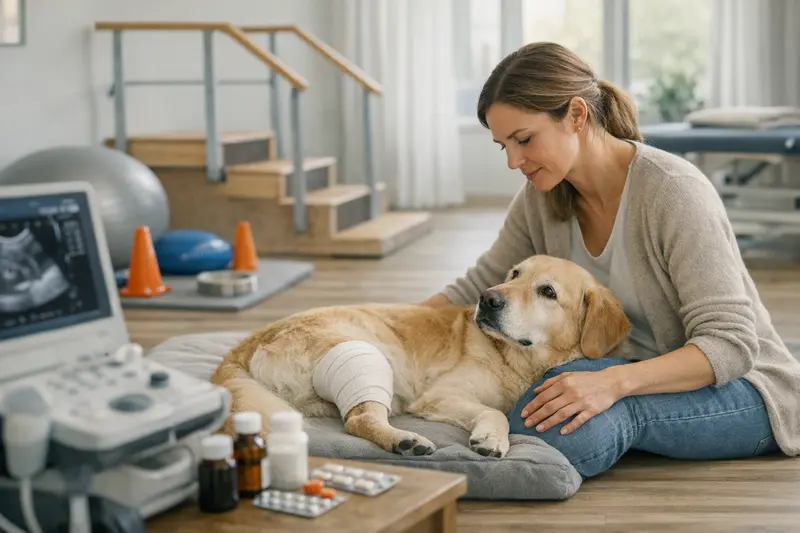 Hundefotografie zeigt einen Hund mit Knieproblemen während einer physiotherapeutischen Behandlung.