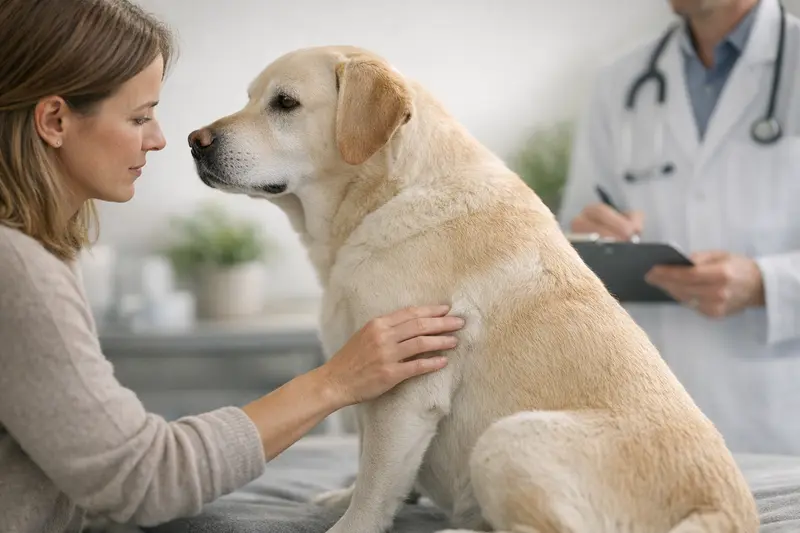 Tierarztuntersuchung Hundeknoten Tierarzt untersucht einen Hund mit einem Knoten auf der Haut