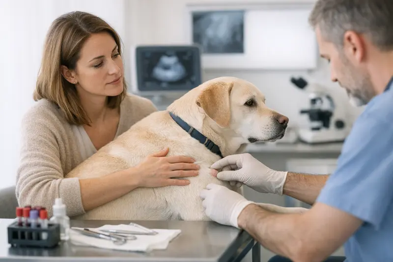 Tierarzt untersucht einen Hund mit einem kleinen Knoten unter dem Fell.