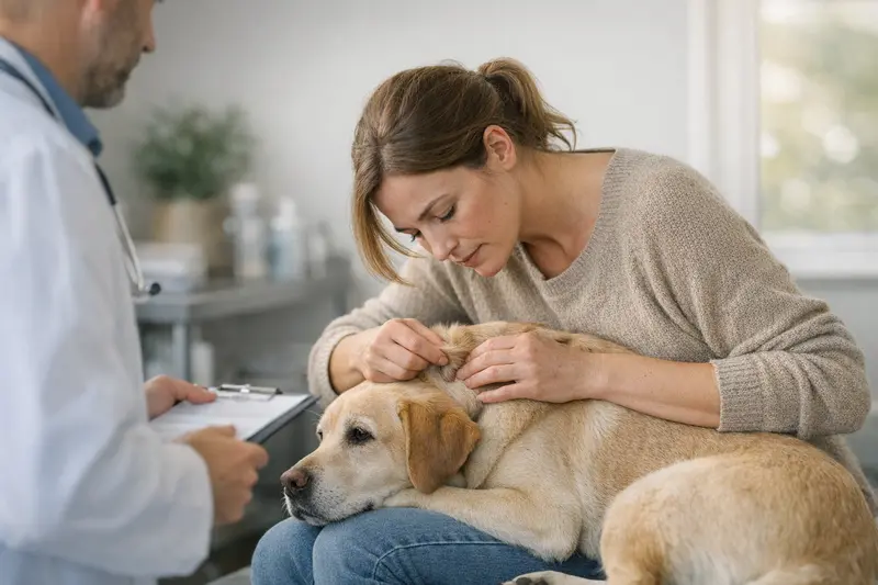 Hundekrankenversicherung Knoten Untersuchung Tierarzt untersucht einen Hund mit einem Knoten unter der Haut