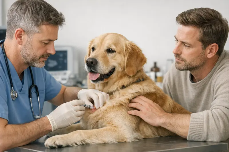 Hautuntersuchung Hund Tierarzt Tierarzt untersucht einen Hund mit Hautknoten auf mögliche Erkrankungen.