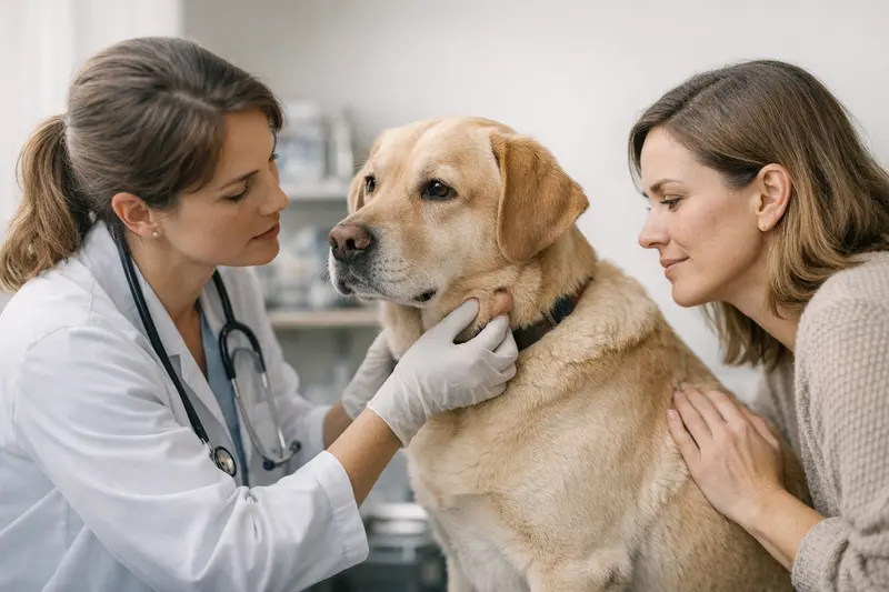 Tierarztuntersuchung Hund mit Hautknoten Ein Tierarzt untersucht einen Hund mit Hautknoten auf mögliche Erkrankungen.