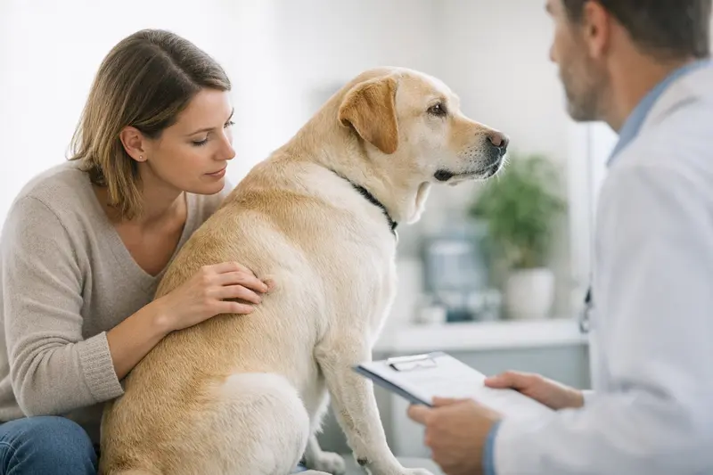 Hautknoten beim Hund - Tierarztuntersuchung Ein Hund mit einem Knoten an der Haut wird von einem Tierarzt untersucht.