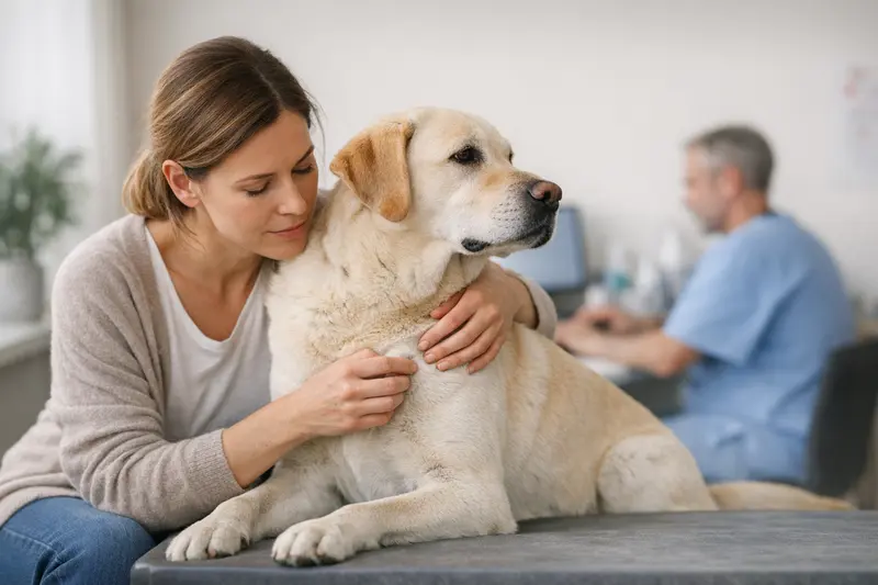 Hund mit Knoten beim Tierarzt Ein Hund mit einer geschwollenen Hautstelle beim Tierarzt.