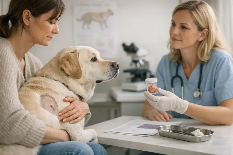 Hund beim Tierarzt für Pathologieuntersuchung Hund beim Tierarzt zur Untersuchung eines entfernten Hautknotens auf Pathologie