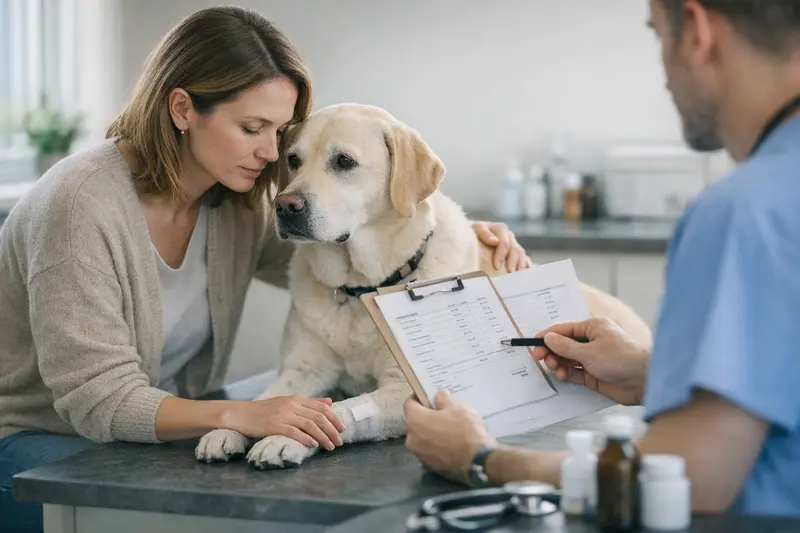 Hund beim Tierarzt und Selbstbeteiligung Ein Hund beim Tierarzt, während einer Untersuchung zur Kostenerstattung in Bezug auf Selbstbeteiligung.