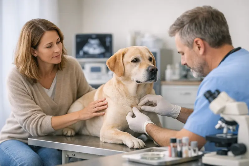 Hund bei einem Tierarzt zur Diagnostik vor einer OP.
