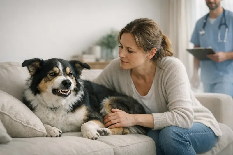 Knurrender Hund während der Gesundheitsuntersuchung Hund knurrt bei Berührung aufgrund von Schmerzen, was auf gesundheitliche Probleme hinweisen kann.