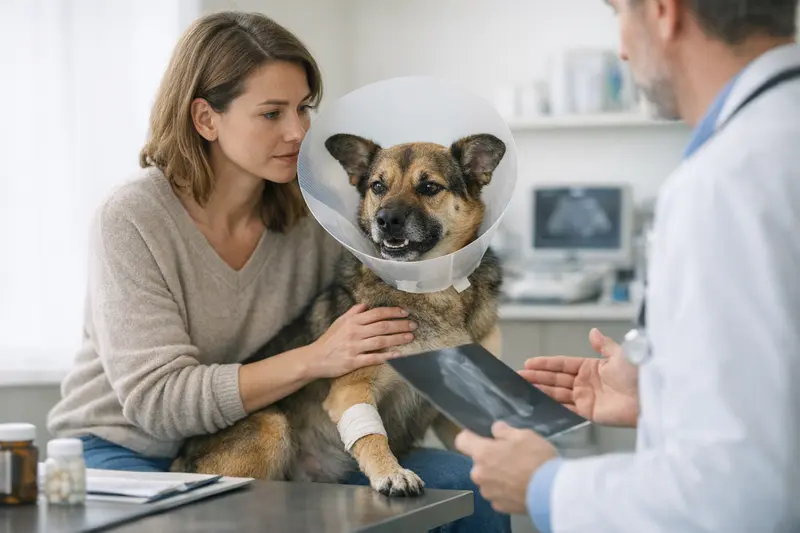 Ein Hundefreund beim Tierarzt, um über OP-Versicherung und Gesundheitskosten zu sprechen.