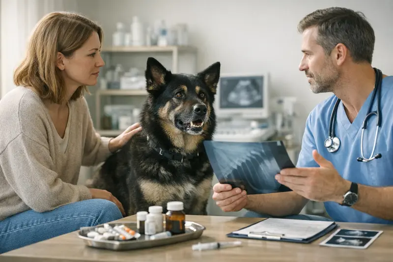 Tierarztbesuch bei Verhaltensänderungen eines Hundes Ein Hund beim Tierarzt, der auf Verhaltensänderungen untersucht wird.