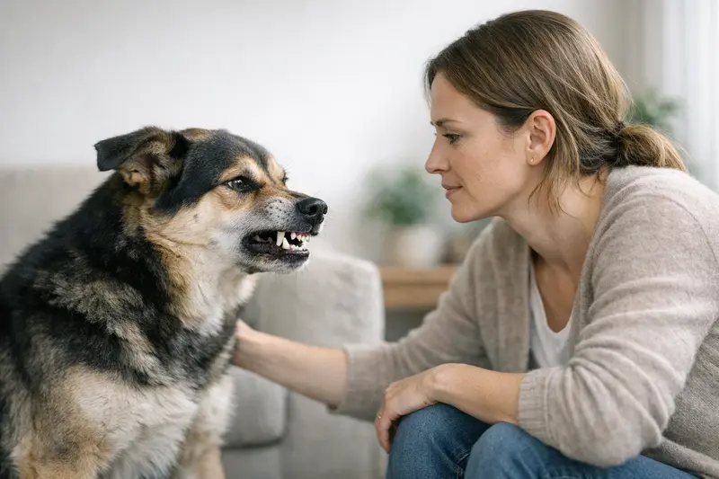 Knurrender Hund als Kommunikationssignal Ein knurrender Hund zeigt seine Körpersprache in einer stressigen Situation.