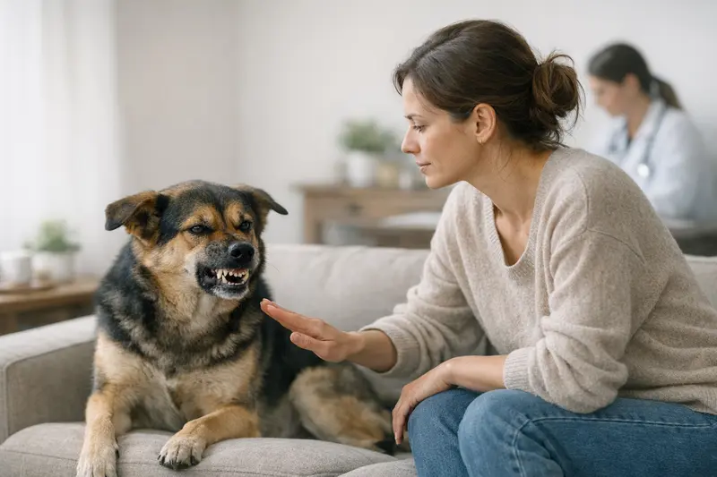 Ein Hund knurrt während einer Interaktion, was die Wichtigkeit des richtigen Verhaltens von Hundebesitzern verdeutlicht.