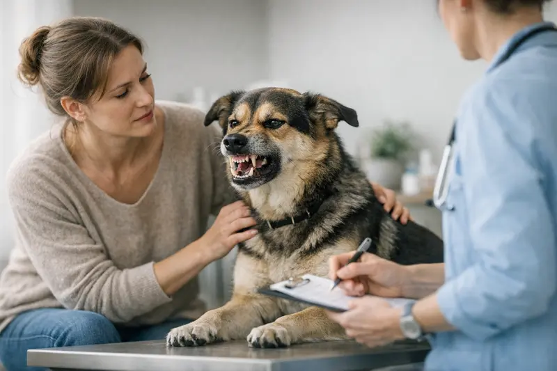 Ein Hund knurrt beim Arztbesuch, was auf mögliche Schmerzen hinweisen könnte.