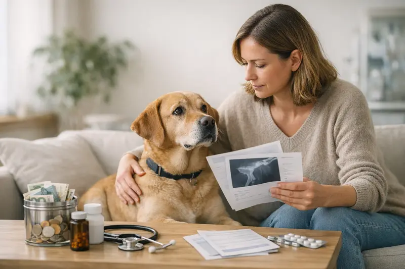 Tierarztkosten und Versicherungen für Hunde Hundehalter informiert sich über Tierarztkosten und Versicherungsoptionen für seinen Hund.