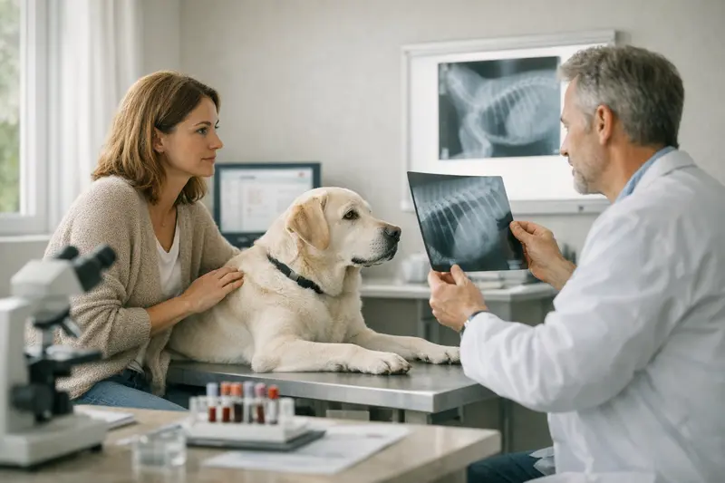 Ein Tierarzt führt eine Diagnose bei einem Hund durch, einschließlich Blutuntersuchung und Röntgen.