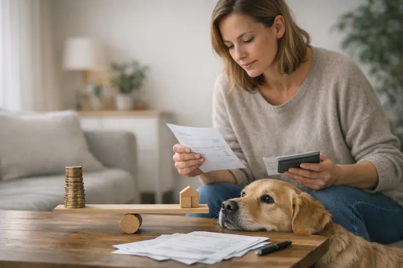 Hund beim Tierarzt, umgeben von medizinischen Utensilien, symbolisiert die Kosten bei tierärztlichen Behandlungen.
