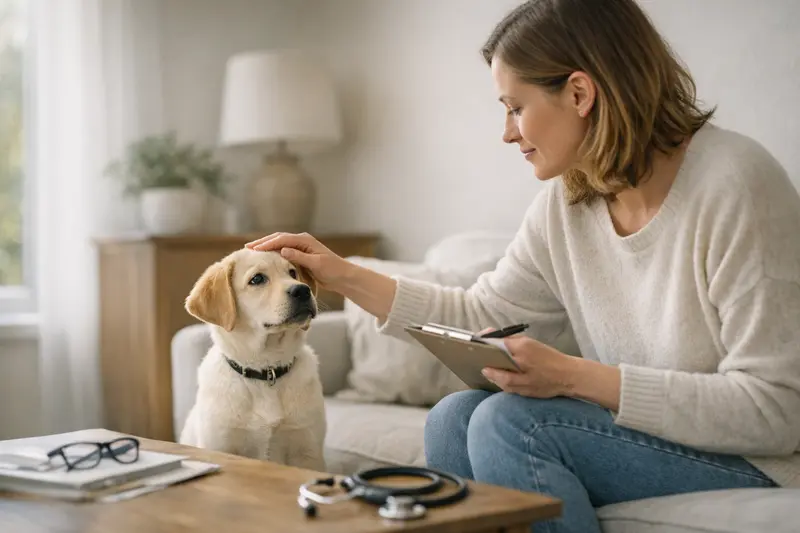 Ein glücklicher Hund mit einem Tierarzt, der über die Vorteile einer Hundekrankenversicherung informiert.