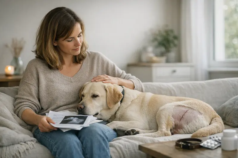 OP-Versicherung für Hunde – Eine Entscheidungshilfe Hundehalter betrachtet Dokumente zur OP-Versicherung für ihren Hund