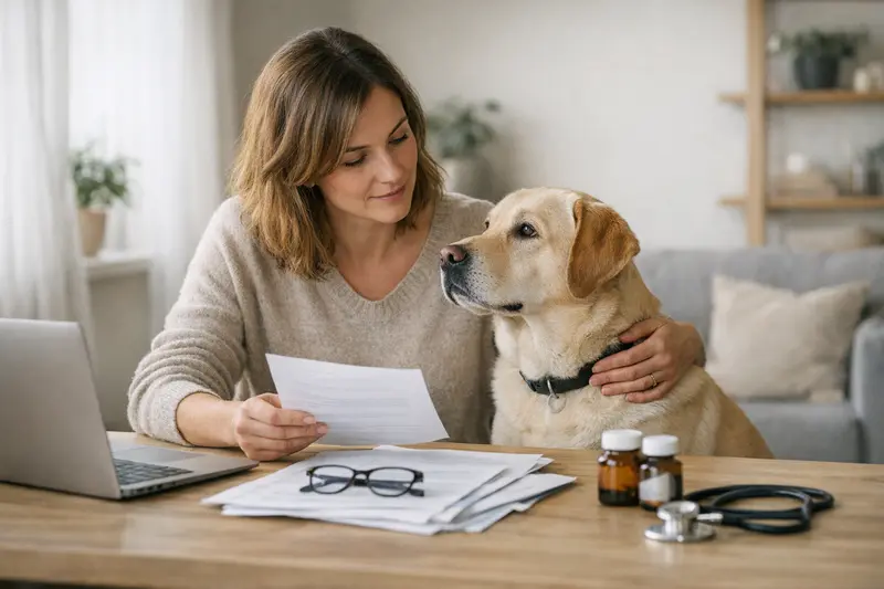 Tarifdetails Hundeversicherung prüfen Eine Hundebesitzerin berät sich über Tarifdetails bei einer Krankenversicherung für Hunde.