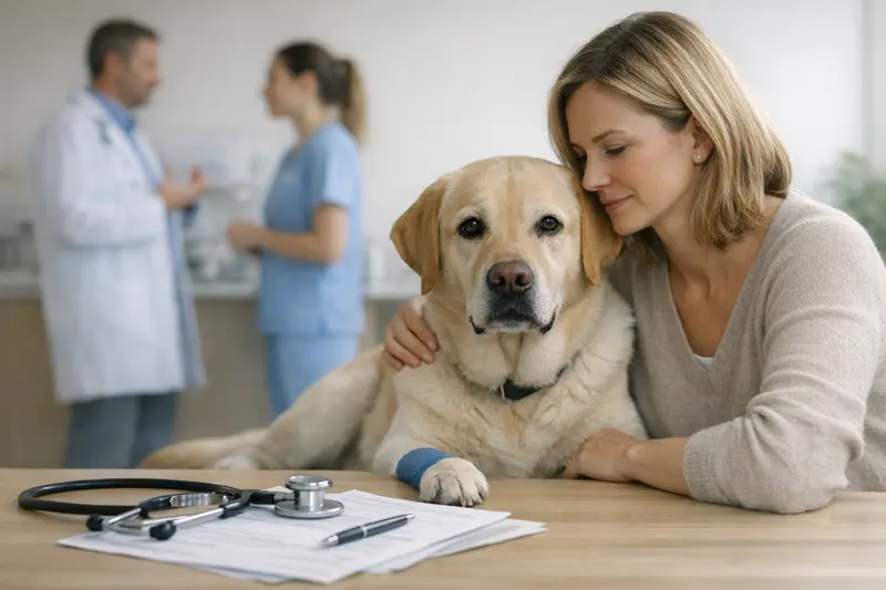 Ein Hund liegt entspannt in der Tierarztpraxis während der Untersuchung.