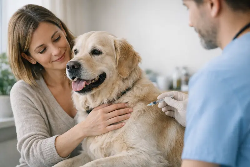 Hund beim Tierarzt für Impfungen Ein glücklicher Hund beim Tierarzt, bereit für Impfungen und Gesundheitsvorsorge.