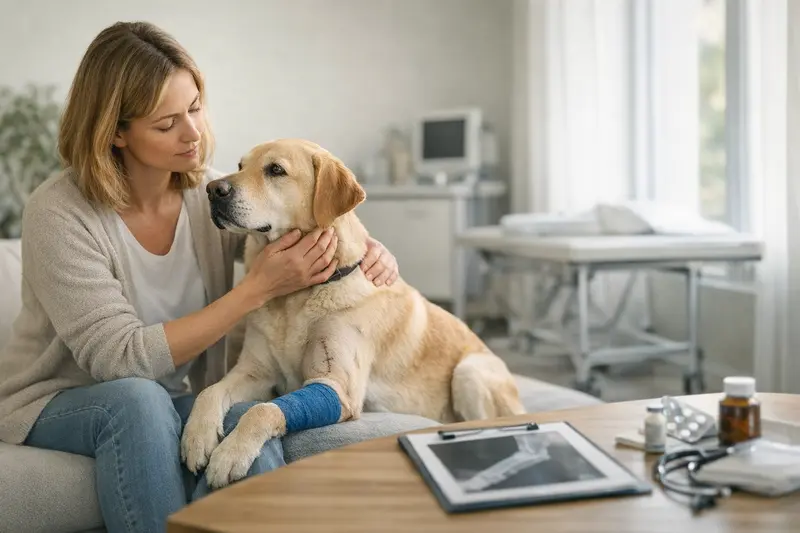 Ein Hund beim Tierarzt, der auf eine bevorstehende OP-Versicherung vorbereitet wird.