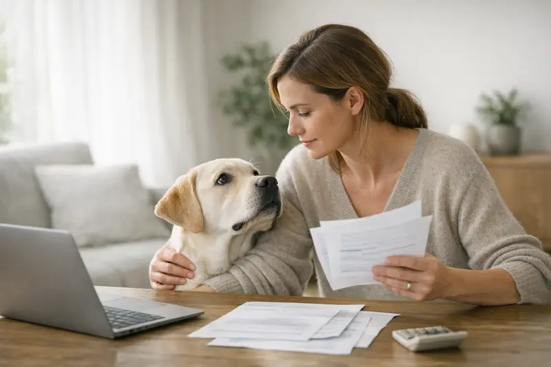 Junge Hundebesitzerin vergleicht verschiedene Hundekrankenversicherungen online auf einem Laptop.