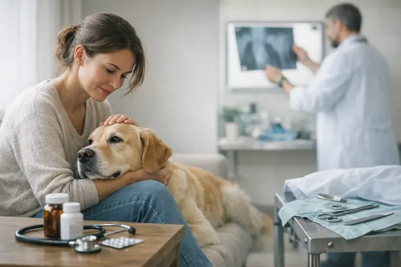 Hund beim Tierarzt Eine glückliche Hündin beim Tierarzt, die auf ihre Behandlung wartet, um gesundheitliche Sorgen zu vermeiden.
