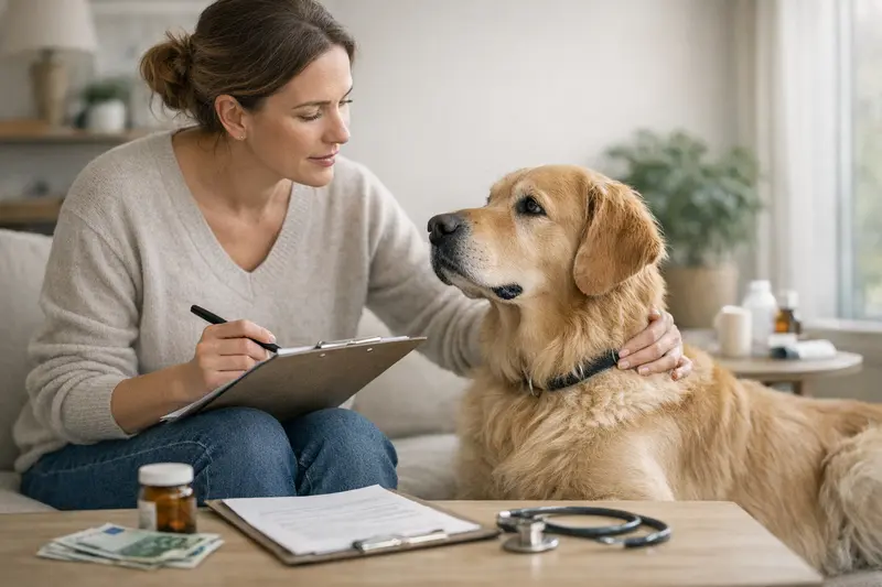 Ein Hund mit einem Tierarzt, der über Tarifdetails der Hundekrankenversicherung informiert.