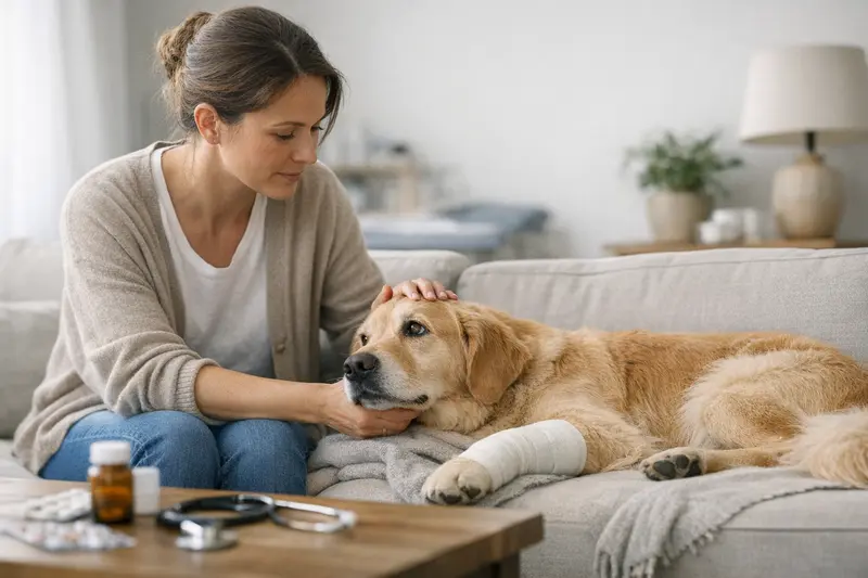 Ein gesunder Hund spielt im Park, während sein Besitzer über eine Krankenversicherung nachdenkt.