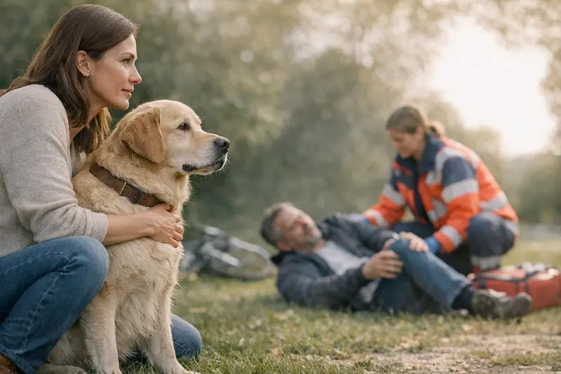 Hundehaftpflichtversicherung ist wichtig Ein glücklicher Hund spielt im Park, während sein Besitzer auf mögliche Haftpflichtschäden achtet.