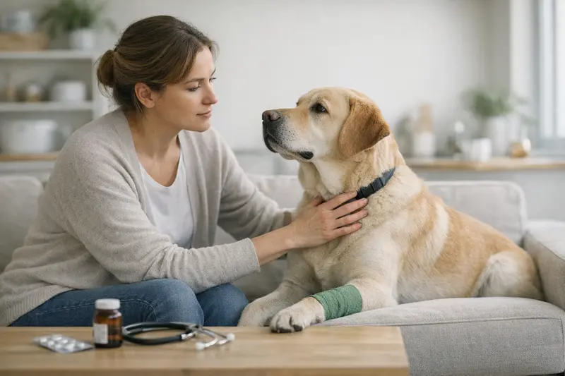 Ein Hund beim Tierarzt, während eine Beratung zur OP-Versicherung erfolgt.