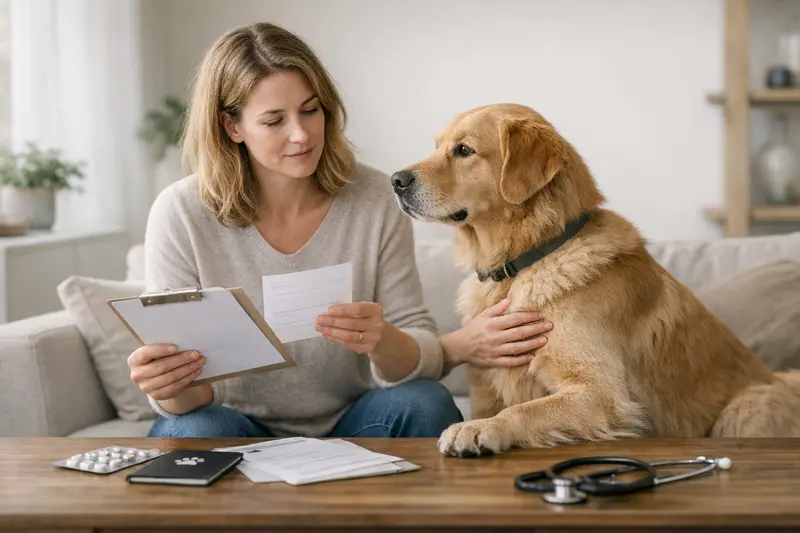 Hund beim Tierarzt - Vorsorgeleistungen erklärt Abbildung eines Hundes beim Tierarzt, der über Vorsorgeleistungen in der Versicherung informiert wird.