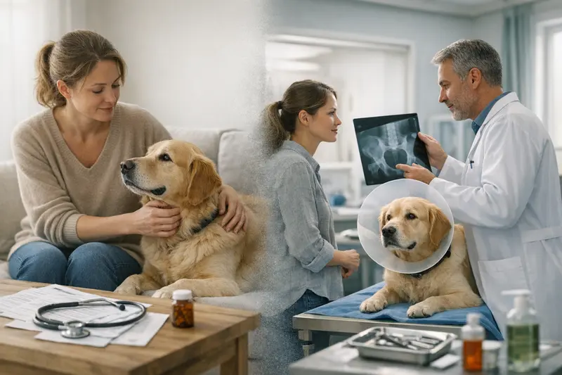 Unterschiede zwischen OP- und Krankenversicherungen für Hunde Ein Tierarzt bespricht mit einem Hundebesitzer die Unterschiede zwischen OP- und Krankenversicherungen für Haustiere.