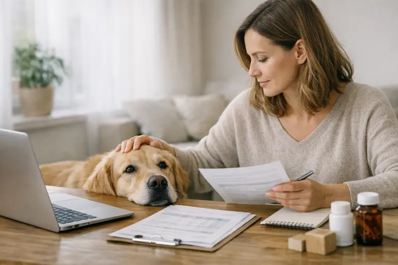 Ein Hund beim Tierarzt, der über die Erstattungsdetails von Krankenversicherungen aufgeklärt wird.