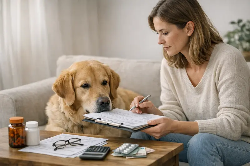 Eine Tierärztin erklärt einem Hundebesitzer die Tarifpunkte, die die Erstattung seiner Hundekrankenversicherung beeinflussen.
